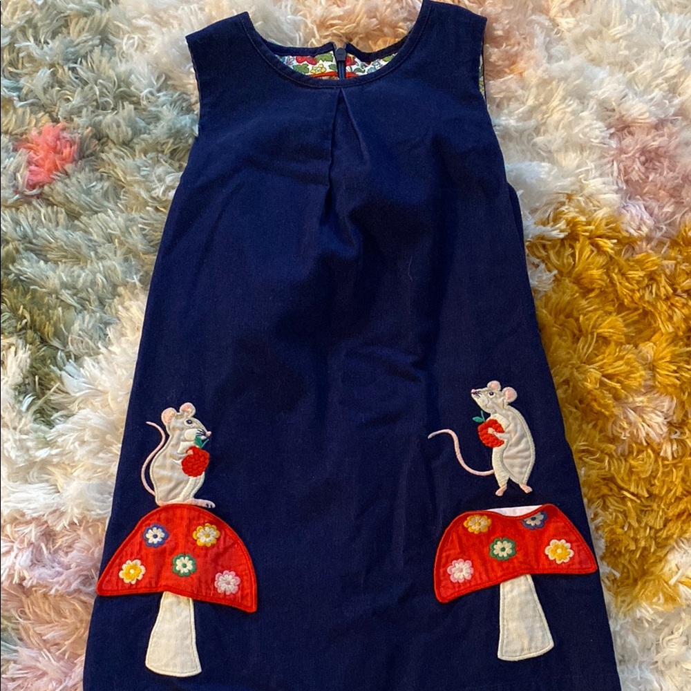 Mini Boden Navy Dress with Mouse and Mushroom Appliqué